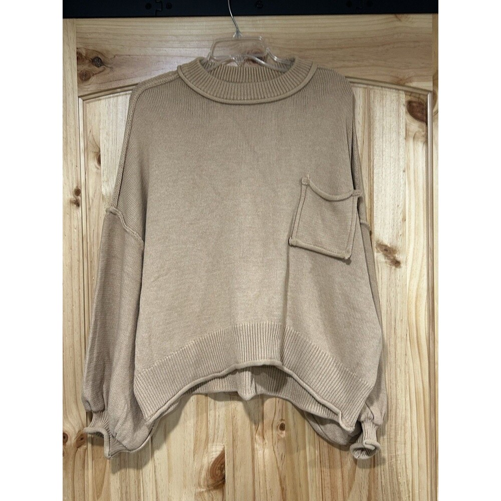POL Women’s Pullover Sweater Crewneck Light Tan Front Pocket Loose Fit Size L